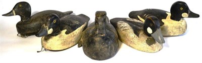 Lot 1069 - Five Wooden Decoy Ducks, painted in black and white, three with glass eyes, all with lead weights