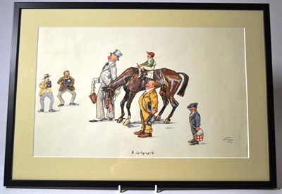 Lot 1076 - A Set of Three Comic Horsing Racing Watercolour Scenes, `A derbynyero', `Doping' and `A...