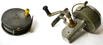 Lot 1089 - Two Alloy Hardy Reels - 3 1/4in 'Perfect', with baluster turned ivorine handle, strapped...