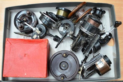 Lot 1090 - Eight Mixed Reels, including a 3 3/4in alloy Allcock's 'Aerial' reel, in original card box, two...