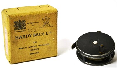 Lot 1101 - A Hardy 3 3/8"; Alloy 'Perfect' Fly Reel, with slim black handle, notched brass foot, post war...