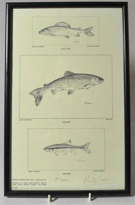 Lot 1131 - Fishing Related Pictures and Books, comprising a framed watercolour of a fishing catch on the bank