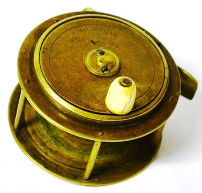 Lot 1139 - A 3 3/4"; Brass Platewind Salmon Reel by J. Mac Gowan, Berkeley Square, London, with fat ivory...