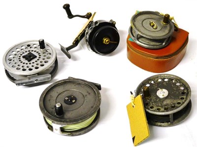 Lot 1148 - Five Alloy Hardy Reels -  3 3/8"; St.George, 3 1/8"; and 3 3/4"; Uniqua, Marquis No.10 and Hardex