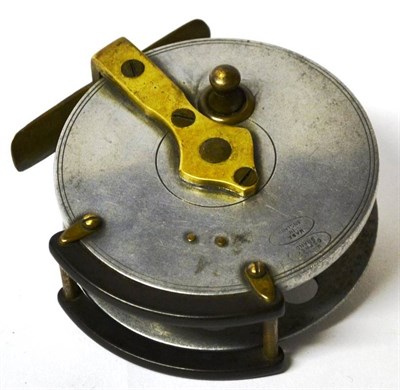 Lot 1149 - A 3 1/2"; Alloy Wilkes Osprey Brand Fly Reel, with tapered black handle on pierced drum, brass foot