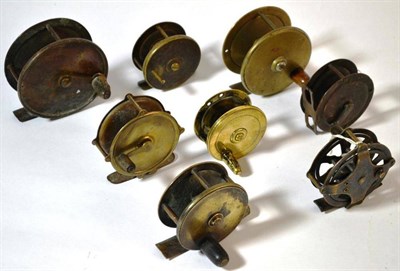 Lot 1165 - Eight Brass Reels, no makers names, including platewind, centrepin and crankwind