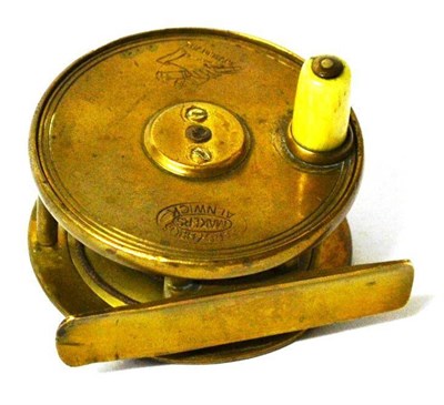 Lot 1168 - A Hardy 2 1/2"; Brass Birmingham Reel, with rod in hand trademark and enclosed oval logo, bone...