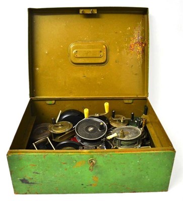 Lot 1181 - Twenty One Mixed Reels, including brass crankwind reels, multipliers, platewind etc., in a tin box