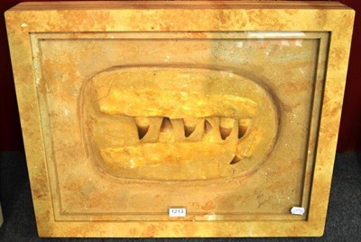 Lot 1213 - Mosasaur Jaw with Teeth, Roco, in a decorative sponged and glazed frame, 53cm by 86cm