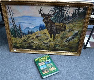 Lot 1300 - Continental School Study of a stag Oil on canvas, 64cm by 95cm; and Whitehead (Kenneth) Deer of the