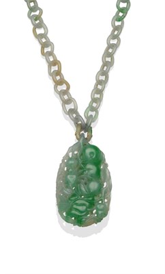 Lot 321 - A Carved Jade Pendant on Jade Chain, the oval pendant carved with a spider and fruits, a rat...