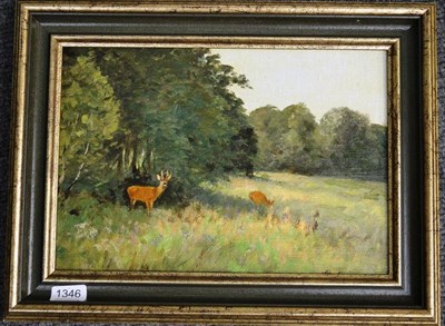 Lot 1346 - Prof Johann Christopher Drahtmann (German 1856-1932) ";Rehwild auf Lichtung";, roe deer in a...