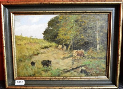 Lot 1348 - Prof Johann Christopher Drahtmann (German 1856-1932) ";Schwarzwild auf Lichtung";, wildness exposed