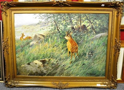 Lot 1356 - Prof Johann Christopher Drahtmann (German 1856-1932) ";Rehwild am Hang";, roe deer Signed, oil...