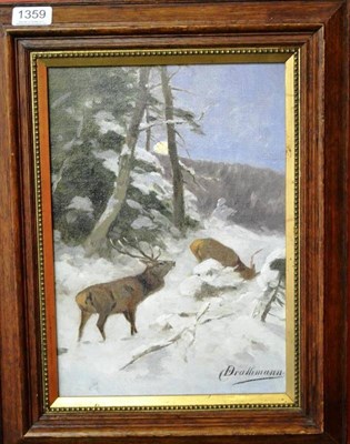 Lot 1359 - Prof Johann Christopher Drahtmann (German 1856-1932) ";Hirschrudel im Winter";, deer in winter...