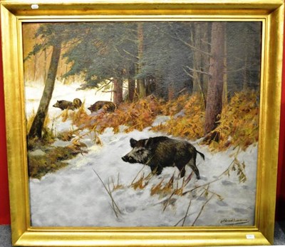 Lot 1360 - Prof Johann Christopher Drahtmann (German 1856-1932) ";Sauen im Winter";, sows in winter...