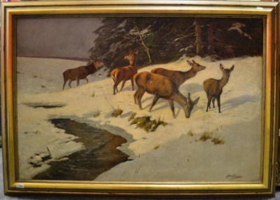 Lot 1363 - Prof Johann Christopher Drahtmann (German 1856-1932) ";Rotwildrudel im Winter";, red deer in winter