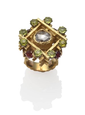 Lot 327 - A Diamond and Gemstone Contemporary Ring, a rose cut diamond in a textured collet setting, with...