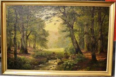 Lot 1394 - Georg Sominer ";Bachlauf";, deer in a woodland glade with stream Signed, oil on canvas board,...