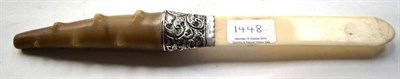 Lot 1448 - A Victorian Silver Mounted Horn and Ivory Letter Opener, maker's mark WW, Birmingham 1896, with...