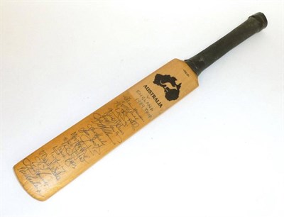 Lot 29 - A Signed Australia v England 1989 Miniature Cricket Bat, with pen signatures to the face, in a...