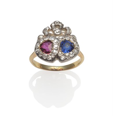 Lot 341 - A Ruby, Sapphire and Diamond Conjoined Heart Ring, circa 1860, the two hearts centred by a pear cut