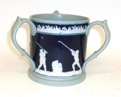 Lot 34 - A Late 19th Century Copeland Pottery Relief Moulded Golfing Tyg, decorated with action scenes...