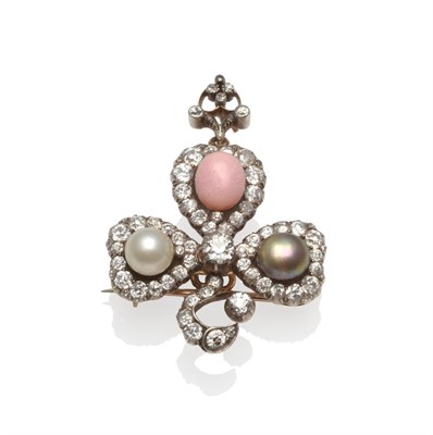 Lot 343 - A Pearl and Diamond Brooch/Pendant, circa 1880, the trefoil set throughout with old cut...