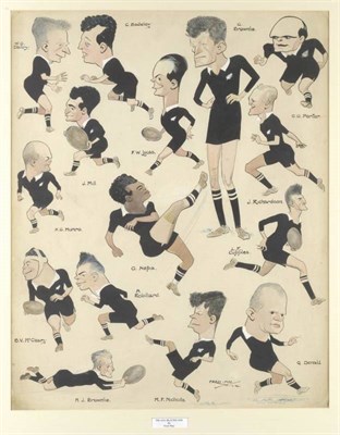 Lot 54 - Fred May - The All Blacks 1924, original pen and ink caricature study with watercolour tint of...