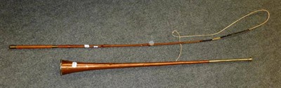 Lot 80 - A Copper Coaching Horn, with nickel mouthpiece and a Holly Driving Whip, with stitched leather...