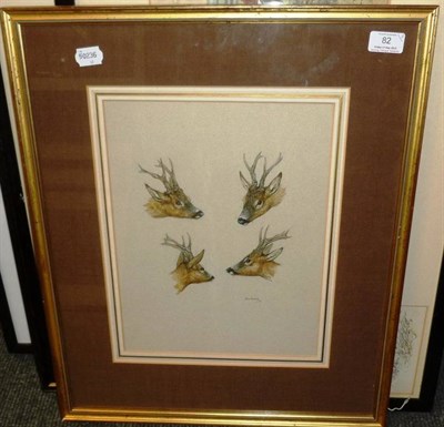 Lot 82 - Brian Rawling - `Four Studies of a Roe Head', signed, watercolour, label for The McDonald Booth...