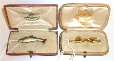 Lot 95 - Two Cased Sporting Brooches -  an enamelled silver salmon brooch, in a Goldsmiths and...