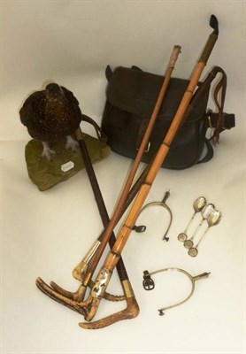 Lot 100 - Sporting Memorabilia, comprising four antler handled riding crops, including a 'Zair' with...