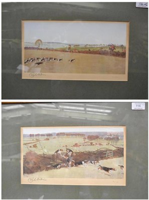 Lot 116 - Cecil Aldin - Hunting Scenes, with hounds in full cry and taking a brush fence, a pair of...