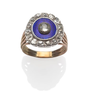 Lot 350 - A Mourning Ring, an old cut diamond centres a blue enamel frame, with an outer border of...