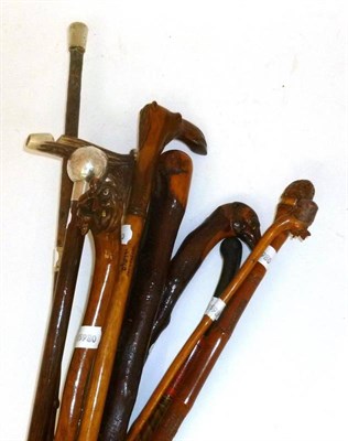 Lot 130 - Ten Walking Sticks and Canes, including one with a silver pommel, one with antler handle,...