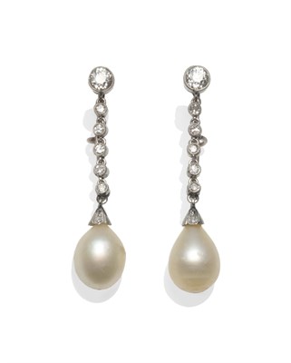 Lot 352 - A Pair of Early 20th Century Diamond and Cultured Pearl Drop Earrings, an old cut diamond...