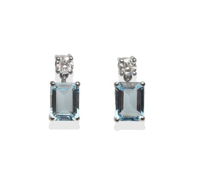 Lot 363 - A Pair of Aquamarine and Diamond Earrings, a round brilliant cut diamond stud suspends an...