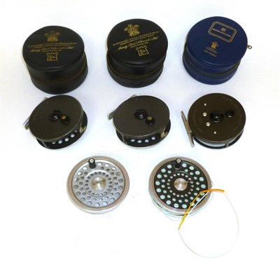 Lot 167 - Three Hardy Alloy 'Marquis No.6' Fly Reels, in leather zip cases, with two spare spools