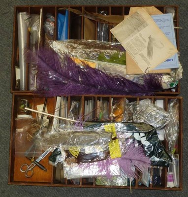 Lot 187 - A Collection of Fly Tying Materials, including feathers, furs, capes, vice, nylons etc, in two...