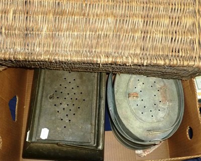 Lot 200 - Two Galvanized Metal Live Bait Tins, together with a poison bottle in protective wicker case (3)