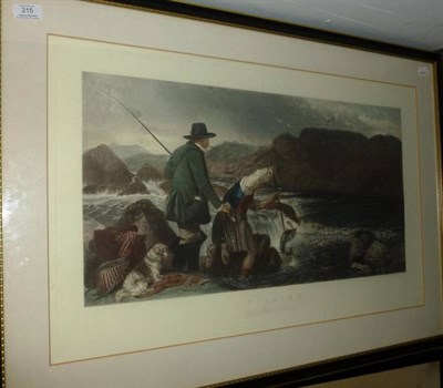 Lot 215 - Scottish School - ";Fishing - Gaffing a Salmon";, coloured aquatint, 46.5cm by 74cm, in a...