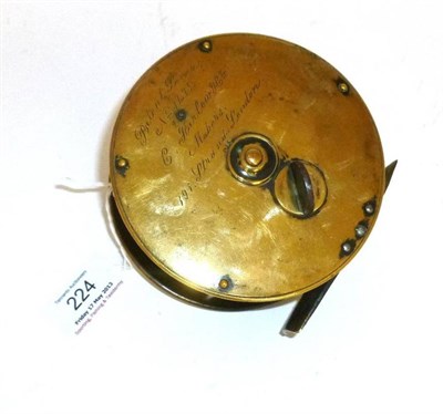 Lot 224 - A Farlows 4 1/4"; Brass Salmon Reel, inscribed 'Patent Lever No.1471. C. Farlow & Co Makers,...