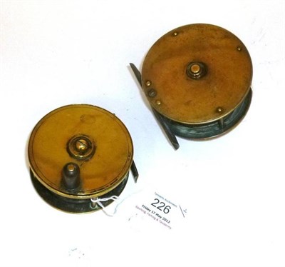 Lot 226 - Two Brass Platewind Reels:- Farlows 3 1/4"; reel with engraved logo and fat ivory handle;...