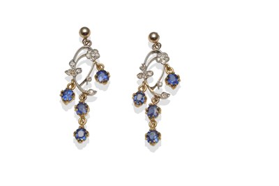 Lot 375 - A Pair of Sapphire and Diamond Drop Earrings, diamond set floral and foliate motifs suspend...