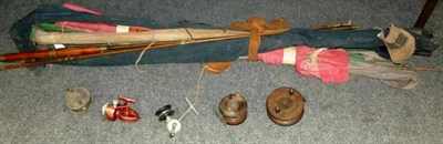 Lot 233 - Mixed Tackle, including three Nottingham reels, two spinning reels and a bundle of rods