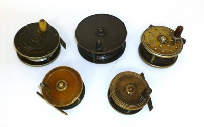 Lot 319 - Five Brass Reels, including a Gamages 2 3/4"; ebonite and brass platewind reel, with pierced...