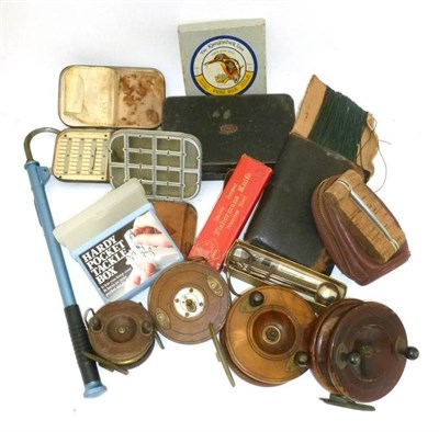 Lot 320 - Mixed Tackle, including four Nottingham reels, boxed fisherman's knife, japanned lure tin, two...