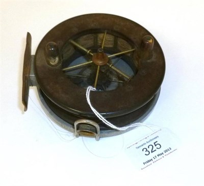 Lot 325 - A 4"; Ebonite and Alloy Aerial Type Reel, with six spoked solid ebonite drum, twin tapered horn...
