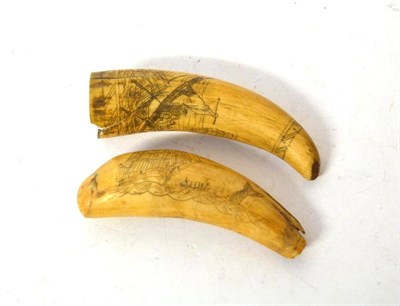 Lot 332 - Two Sperm whale erupted tooth scrimshaws, late 19th/early 20th century, both engraved with...
